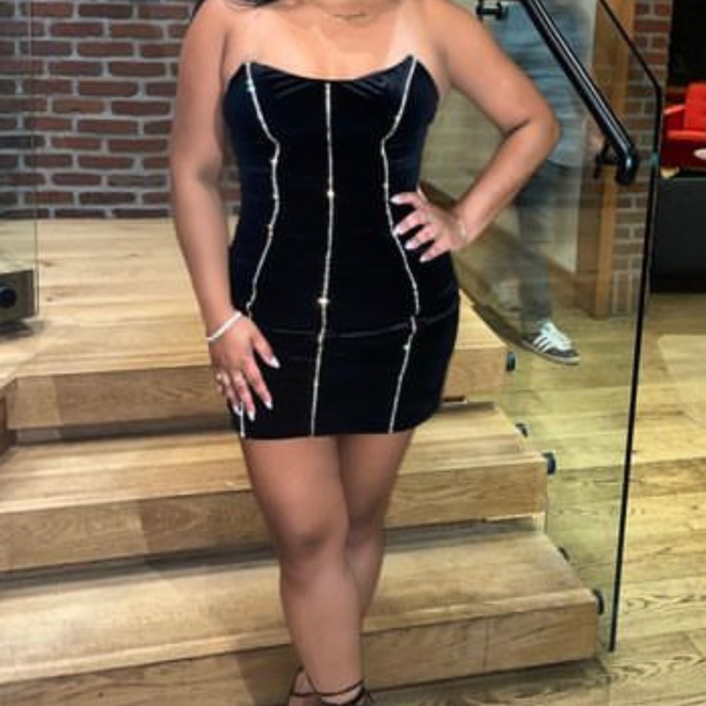 Strapless velvet black embellished dress